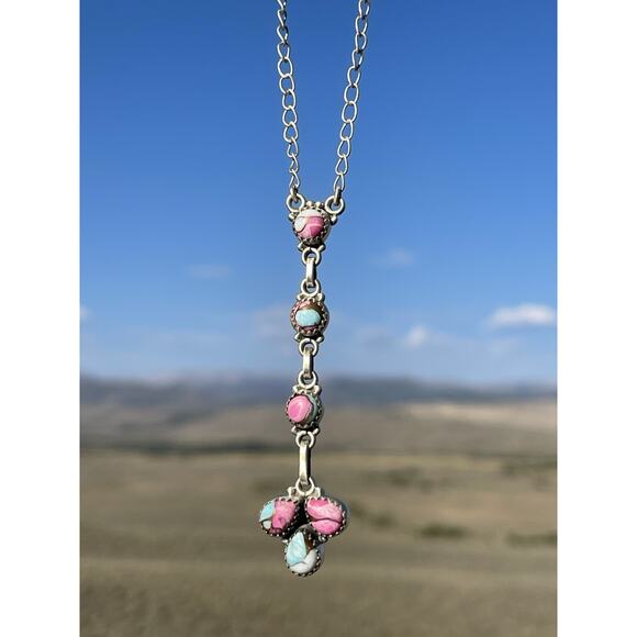 Southwestern Sterling Silver Cotton Candy Dahlia Turquoise Cluster Necklace 925 - Picture 2 of 5